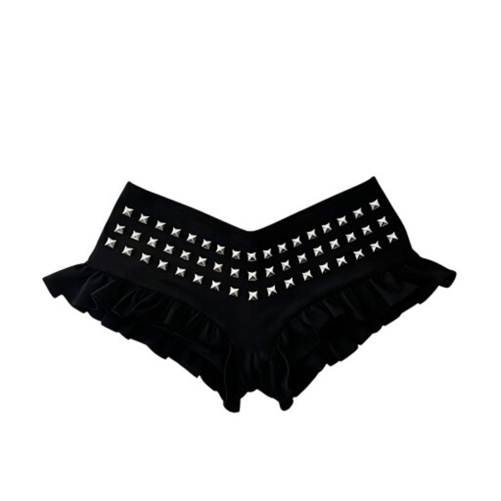 Y2K Studded Ruffle Hot Pant Shorts Silver Pyramid Stud Punk Festival Booty Pant